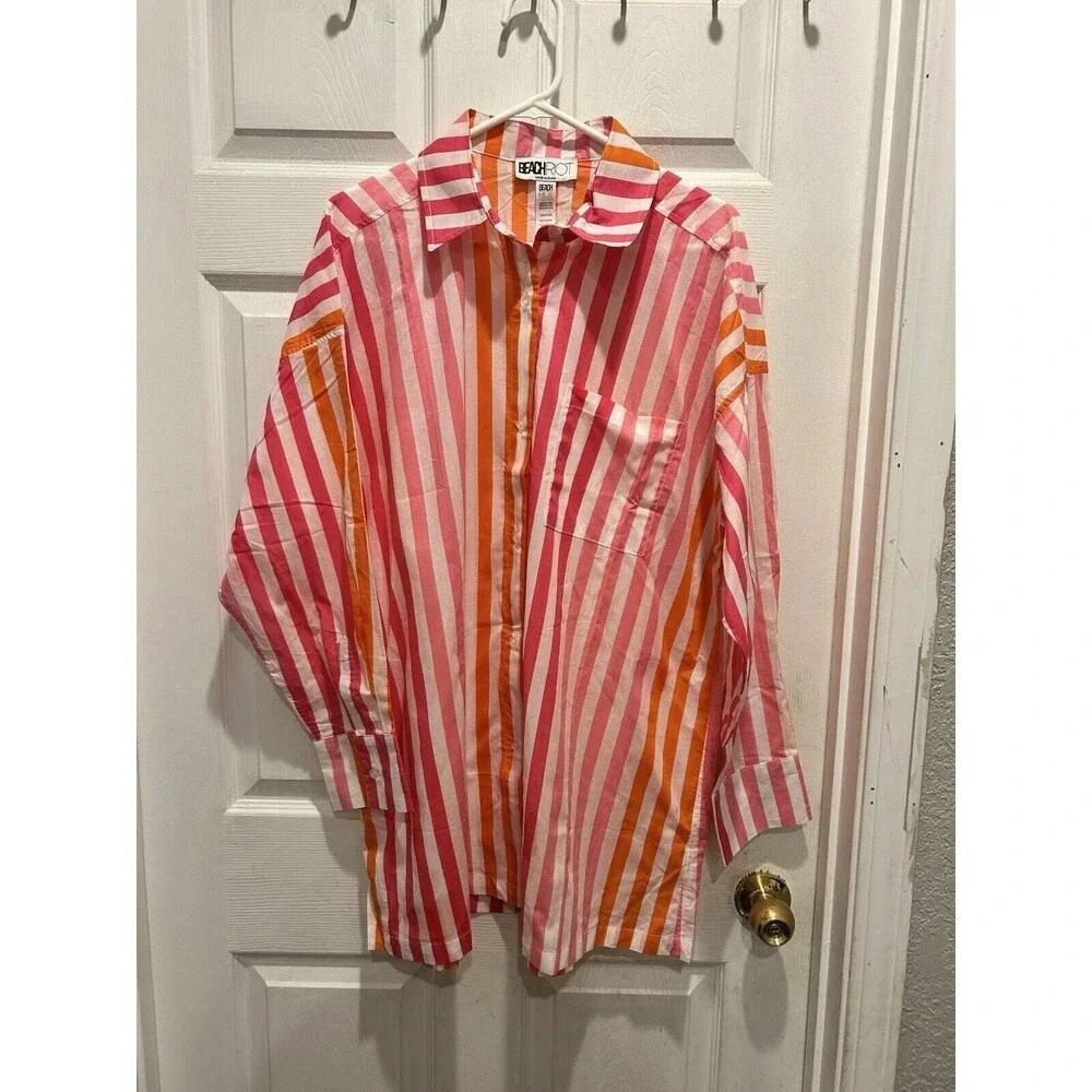 Beach Riot Pink Orange Striped Button Down Oversized Cotton Shirt Petite Large